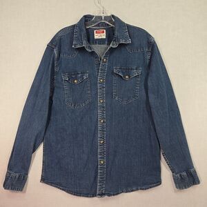 Wrangler Women Large Western Pearl Snap Denim Shirt Stretch Blue Jean Top Boho